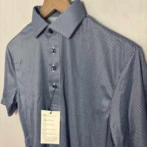 Collars & Co Men's Small Semi-Spread Collar Polo Shirt Navy Houndstooth NEW